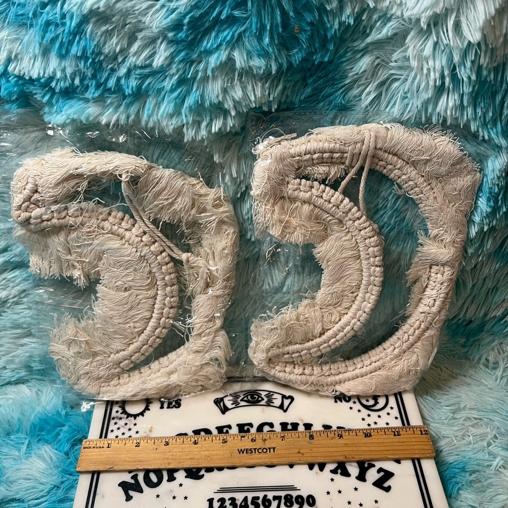 TWO MACRAME STYLE HANGING HALF MOONS